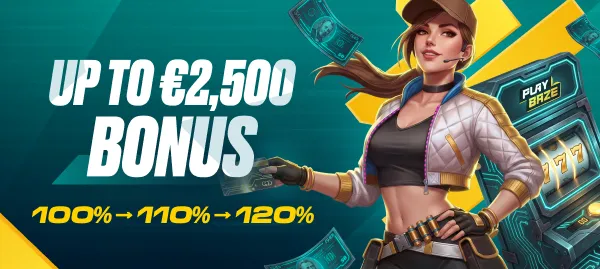 Playbaze casino: banner del bonus di benvenuto fino a 2.500 € su tre depositi